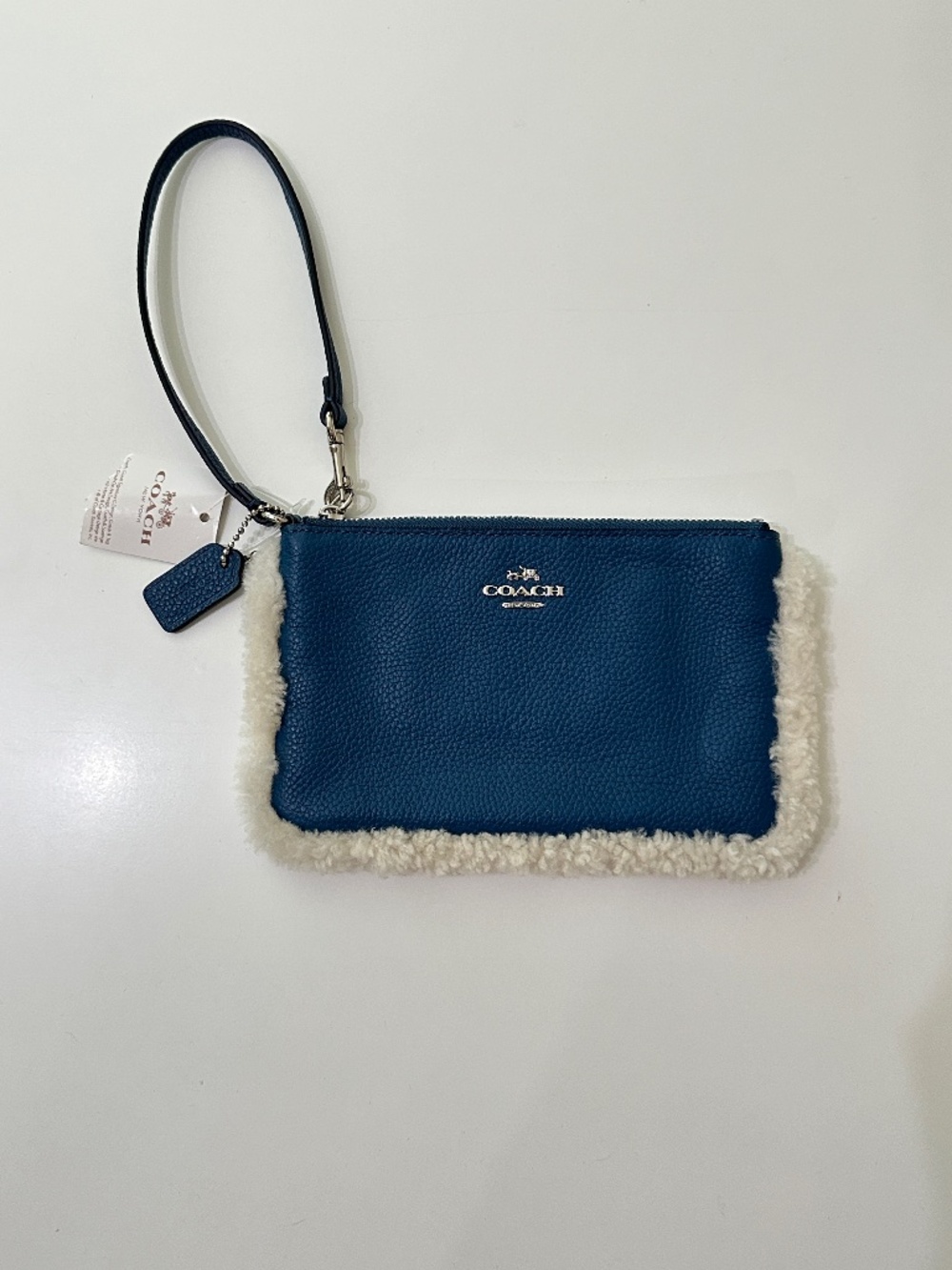 NWT New COACH Shearling Trimmed Blue Wristlet Pebbled Leather Zip Case F64709
